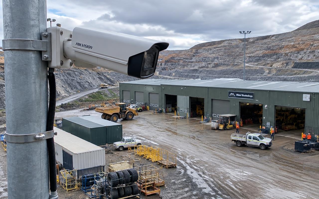 Industrial IP CCTV camera overlooking a mine workshop yard