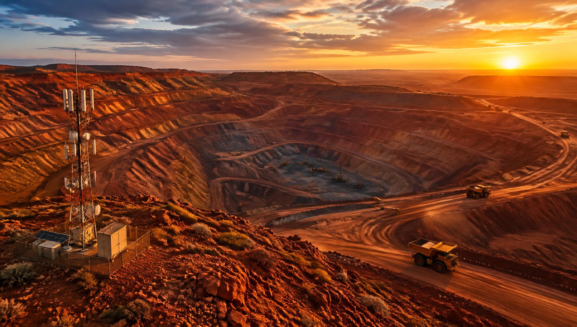 Open-cut iron ore mine at sunset with a communications tower