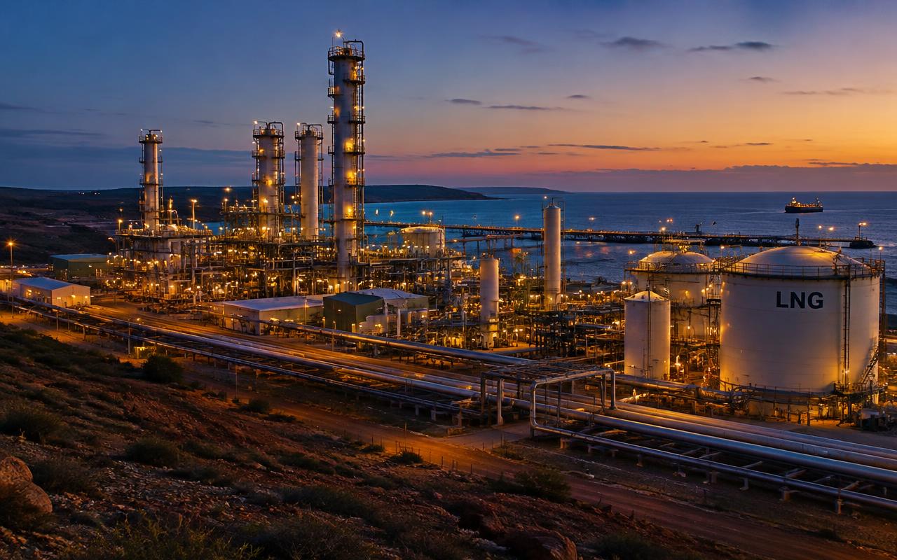LNG processing facility on the coast at twilight