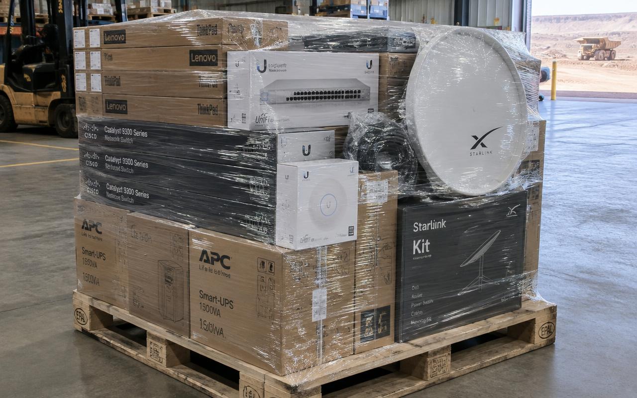 Pallet of preconfigured IT equipment ready for dispatch to site