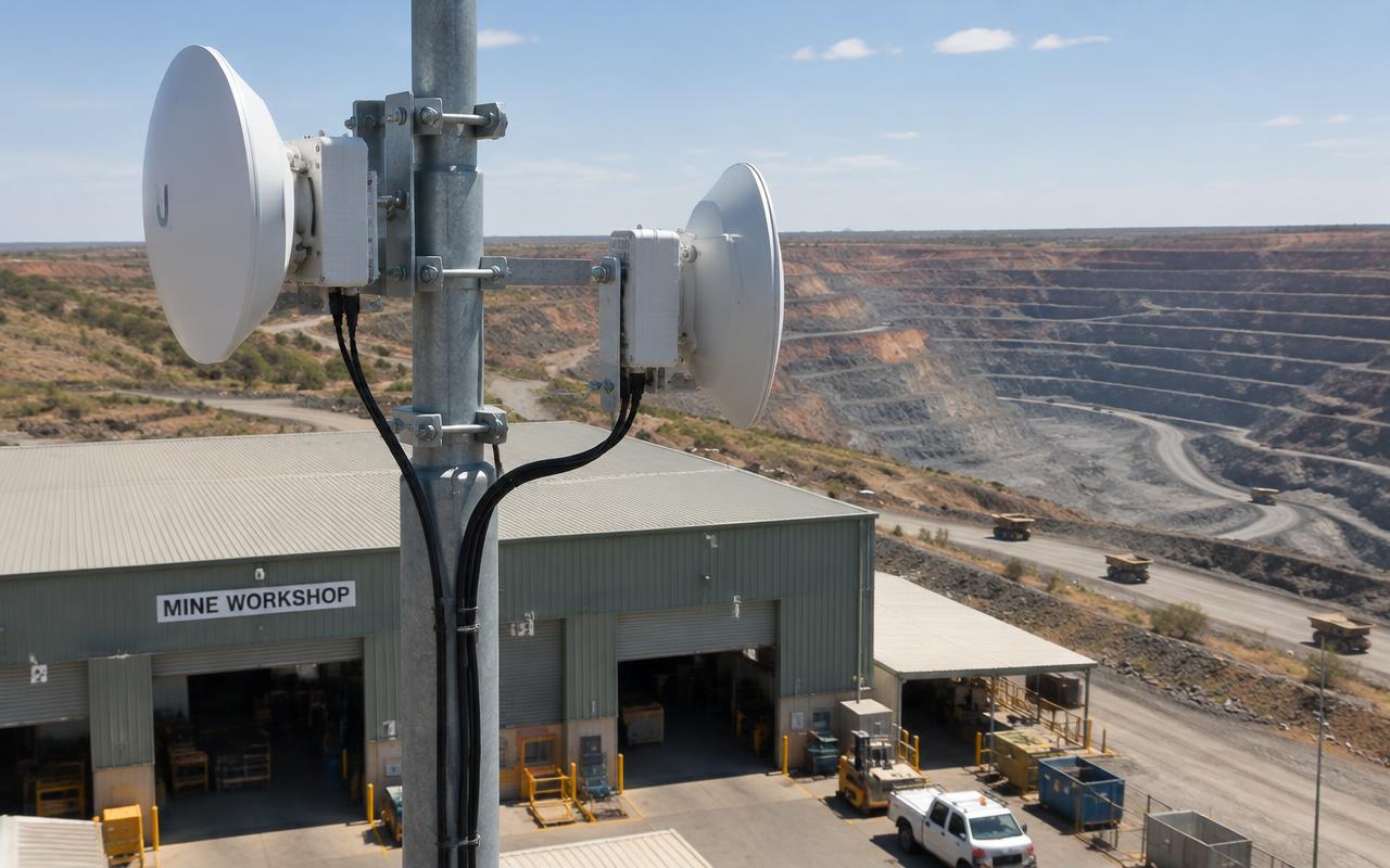 Point-to-point wireless radios on a mast above a mine workshop