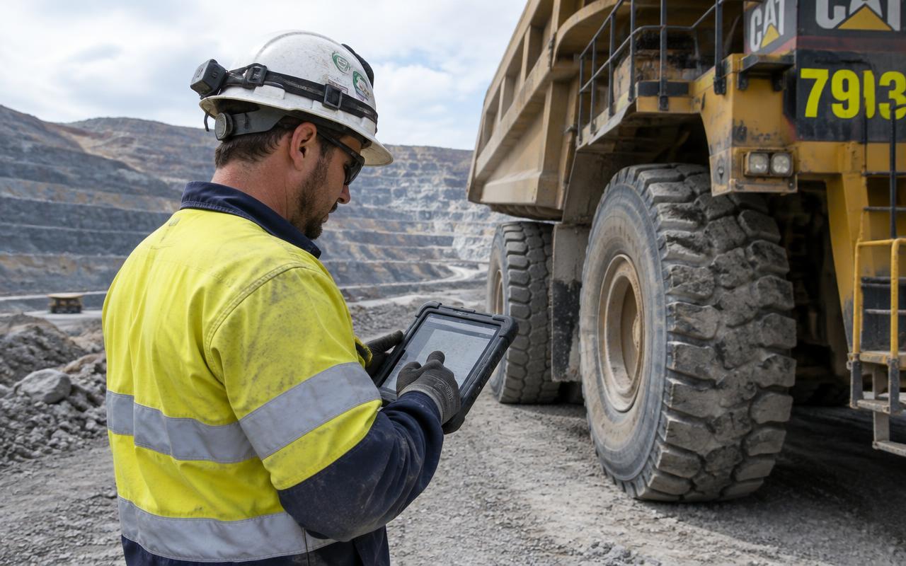 Mine worker using a rugged tablet beside a haul truck